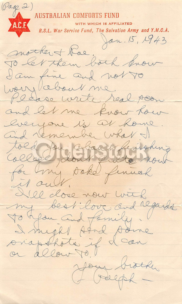 Salvation Army Australian Comforts Fund Original WWII Soldier's Letter Home 1943
