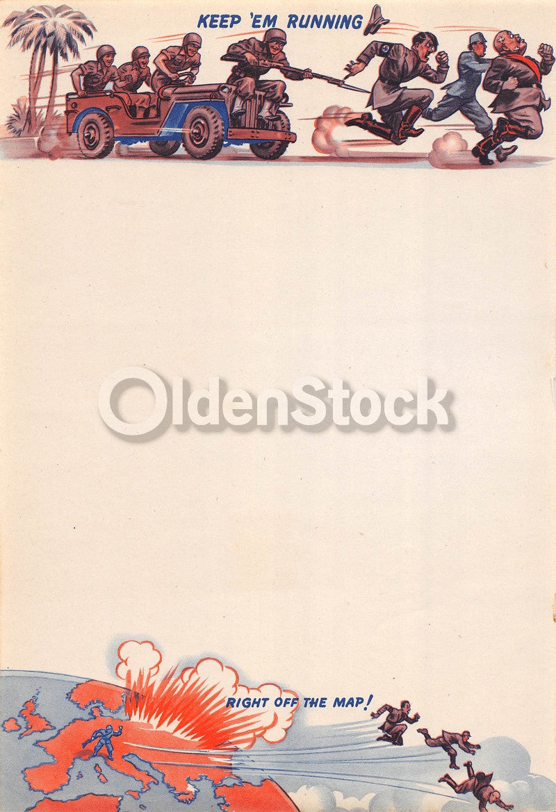 WWII Anti-Nazi War Propaganda Chasing Hitler Vintage Graphic Art Military Letterhead