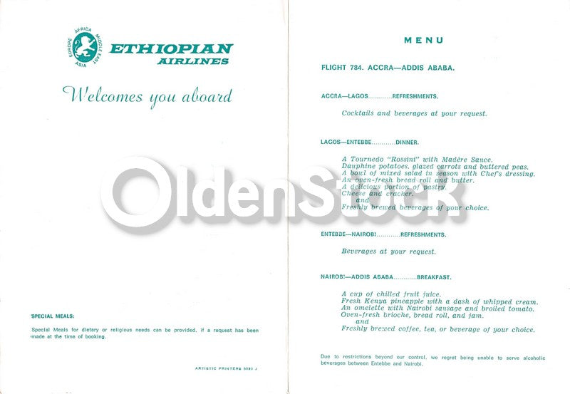 Ethiopian Airlines Vintage Graphic Advertising Inflight Dinner Menu