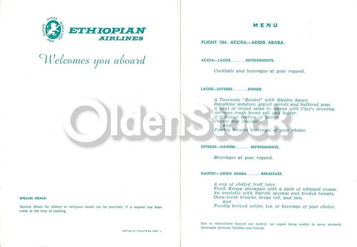 Ethiopian Airlines Vintage Graphic Advertising Inflight Dinner Menu