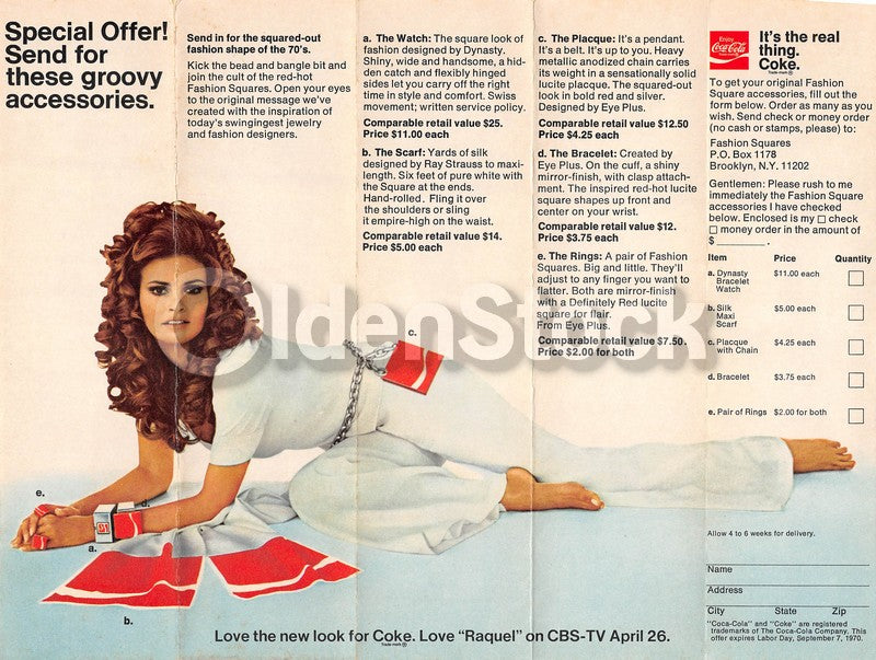 Raquel Welch Coca-Cola Coke Jewelry Vintage Advertising Poster Flyer 1970