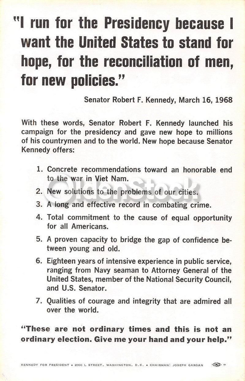 Bobby Kennedy Presidential Campaign Original Political Election Flyer