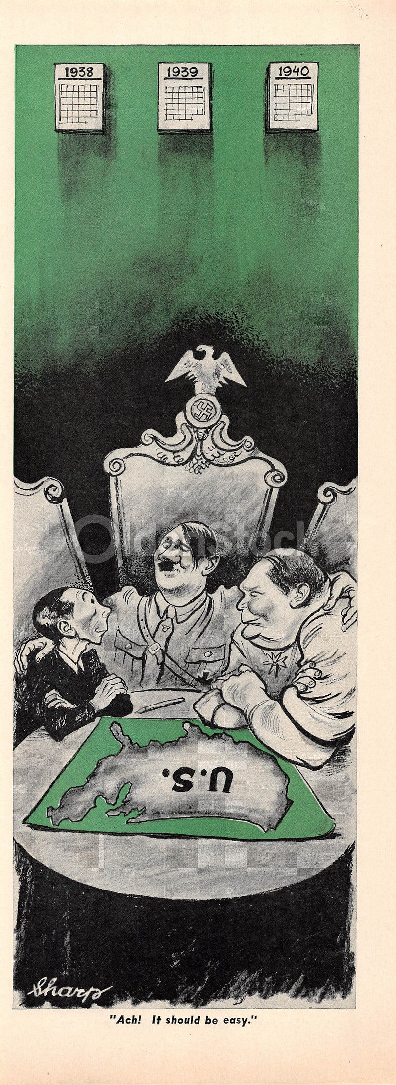 Hitler & Hirohito Dividing Up the US Vintage Anti-German WWII Graphic Art Cartoon