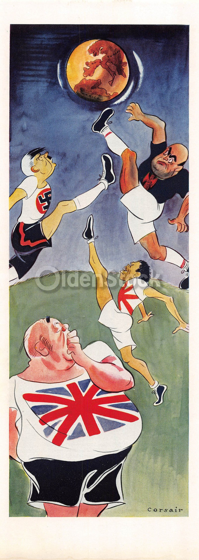 Hitler Mussolini Hirohito Playing Soccer Vintage Anti-German WWII Graphic Art Cartoon
