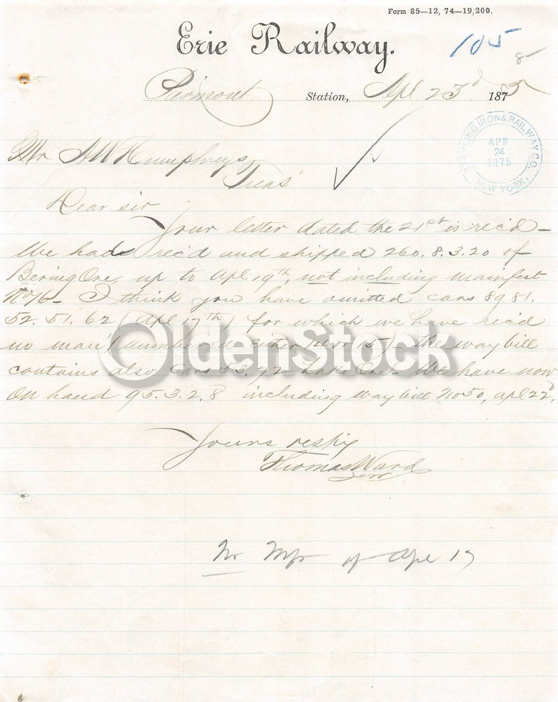 Erie Railroad Piermont Station New York Antique Autograph Signed Letter 1875