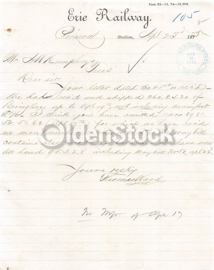 Erie Railroad Piermont Station New York Antique Autograph Signed Letter 1875