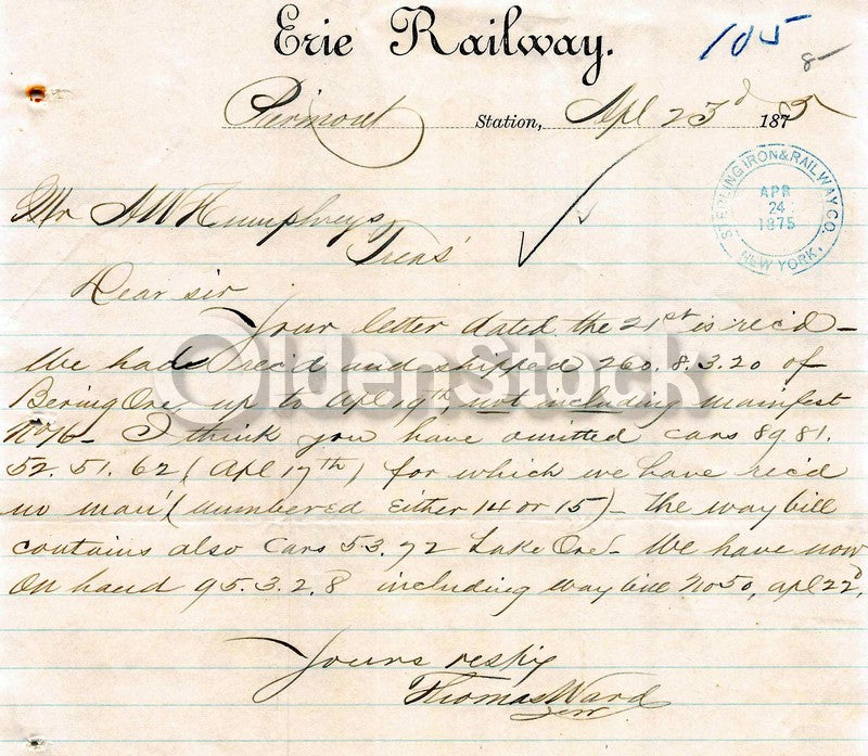 Erie Railroad Piermont Station New York Antique Autograph Signed Letter 1875