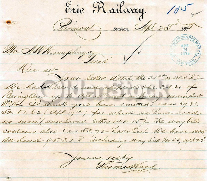 Erie Railroad Piermont Station New York Antique Autograph Signed Letter 1875
