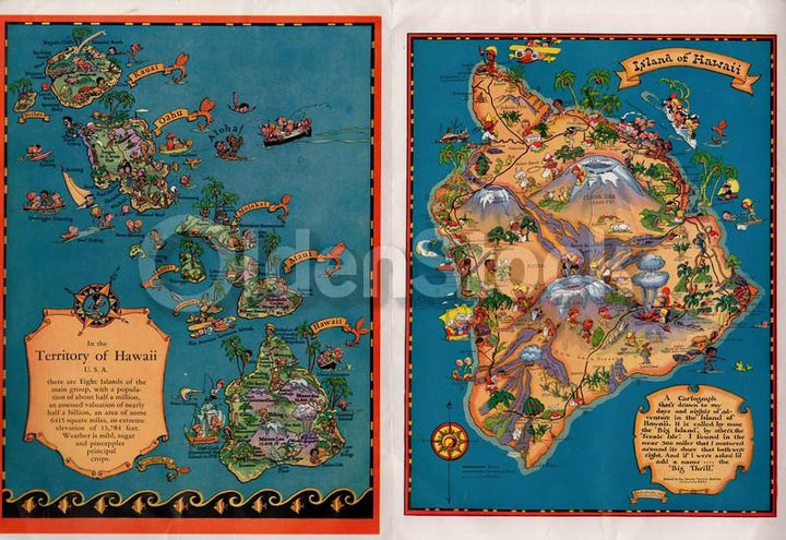 Hawaii Tourist Bureau Vintage 1940s Mark Twain Quote & Graphic Fold-Out Map Brochure