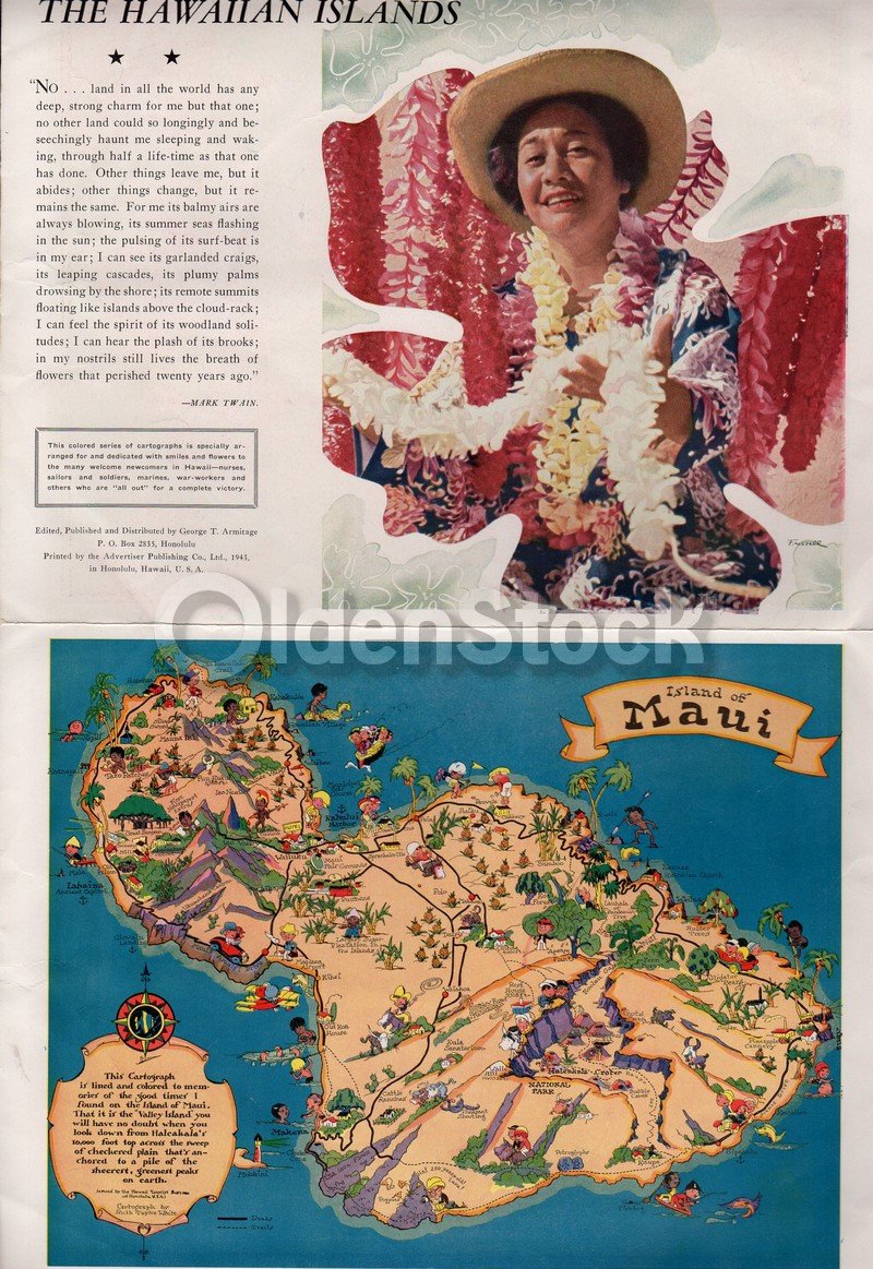 Hawaii Tourist Bureau Vintage 1940s Mark Twain Quote & Graphic Fold-Out Map Brochure