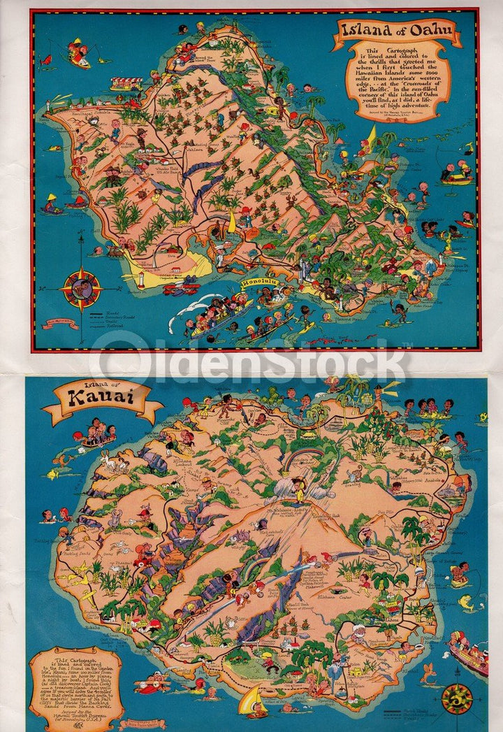 Hawaii Tourist Bureau Vintage 1940s Mark Twain Quote & Graphic Fold-Out Map Brochure