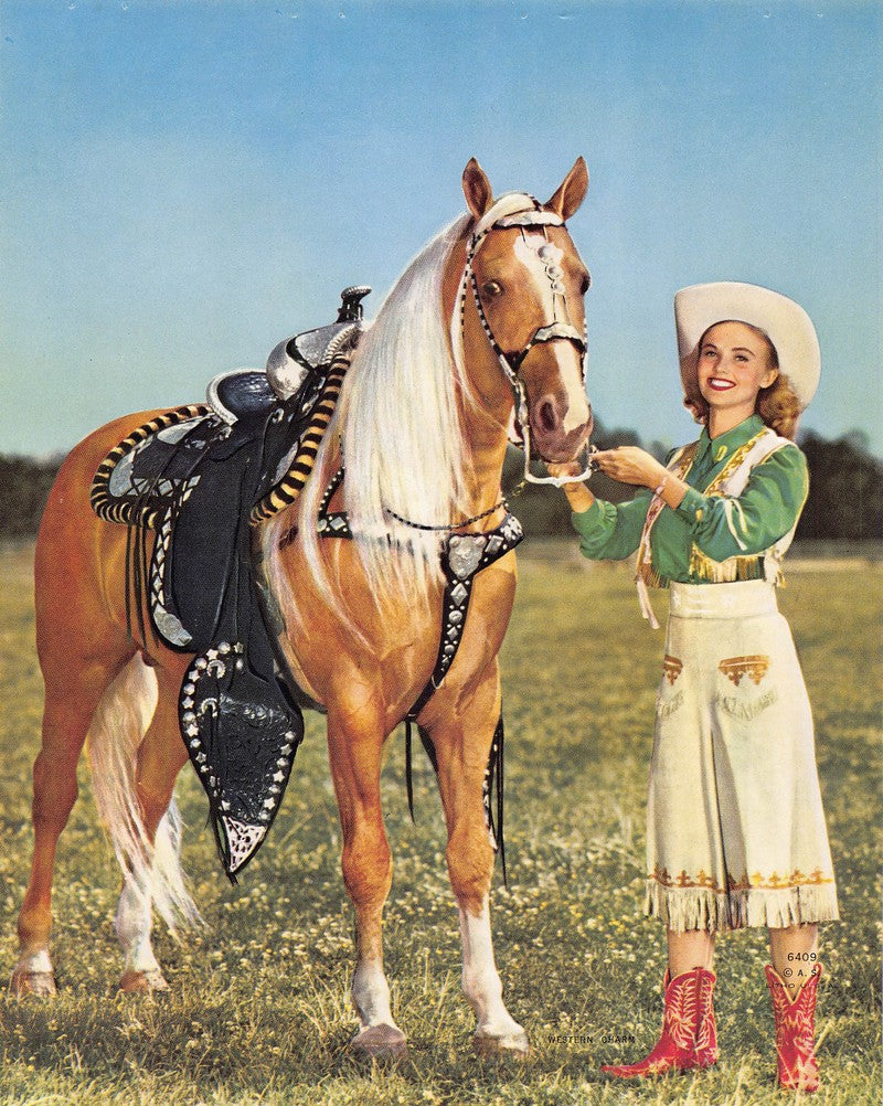 Western Charm Cowgirl Horse Trainer Vintage Embossed Litho Print 1940s