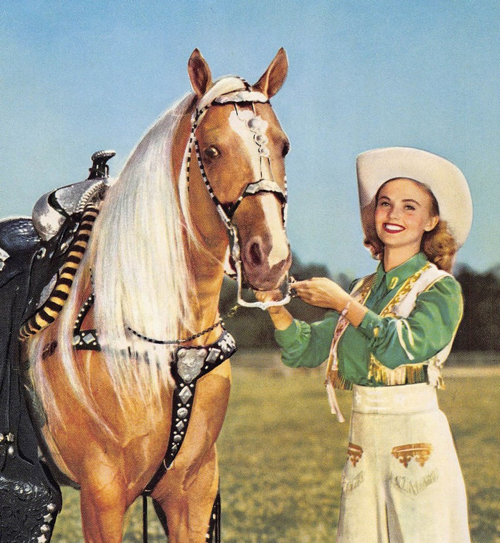 Western Charm Cowgirl Horse Trainer Vintage Embossed Litho Print 1940s
