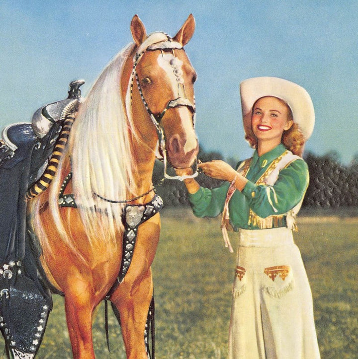 Fancy Cowgirl Horse Trainer Vintage Embossed Litho Print 1940s