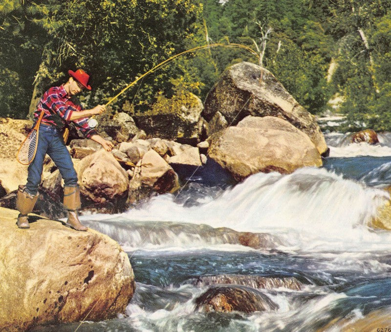 Rolling Rapids Fly Fishing Scene Vintage Embossed Litho Print 1940s