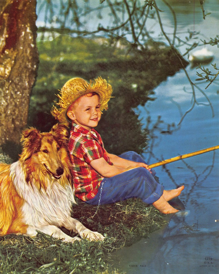 Redhead Boy & Lassie Dog Fishing Vintage Embossed Litho Print 1940s