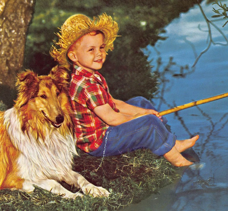 Redhead Boy & Lassie Dog Fishing Vintage Embossed Litho Print 1940s