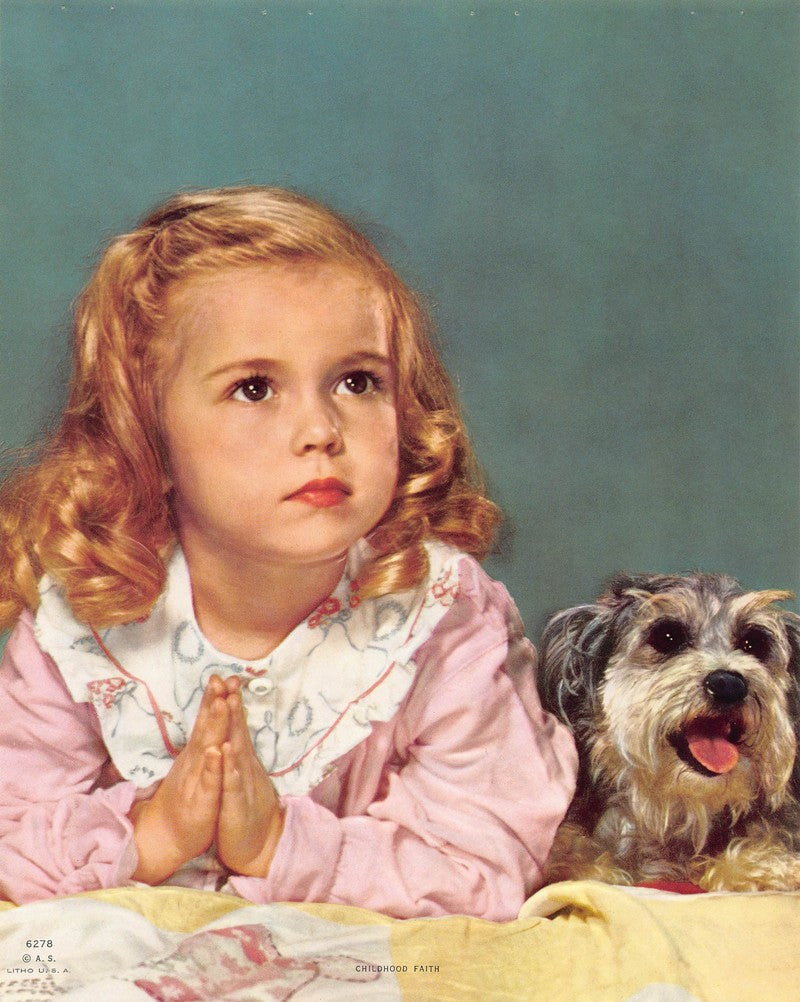 Little Girl & Cute Puppy Dog Prayer Time Vintage Embossed Litho Print 1940s