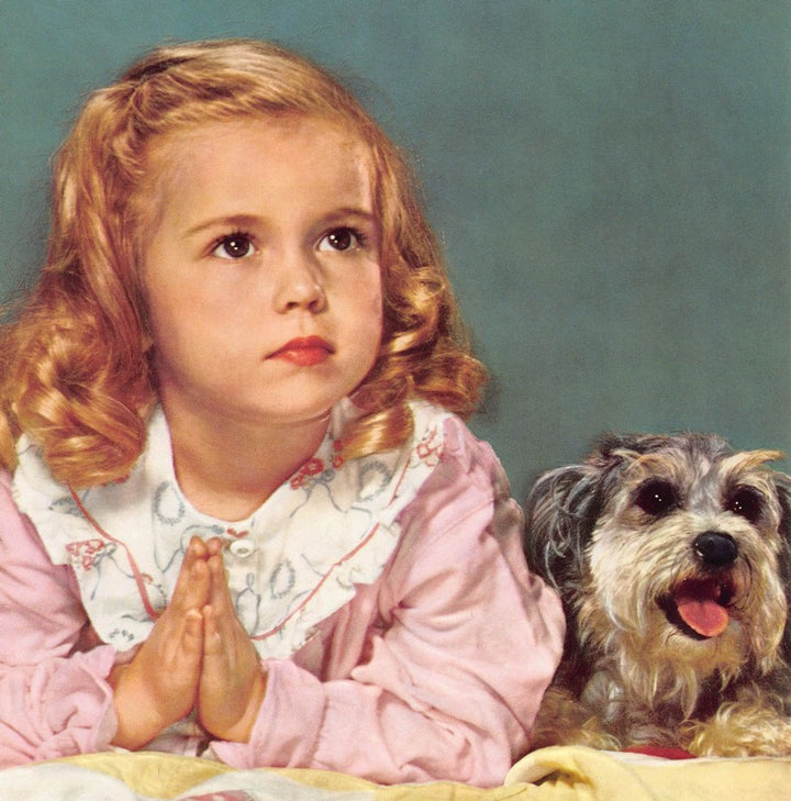 Little Girl & Cute Puppy Dog Prayer Time Vintage Embossed Litho Print 1940s