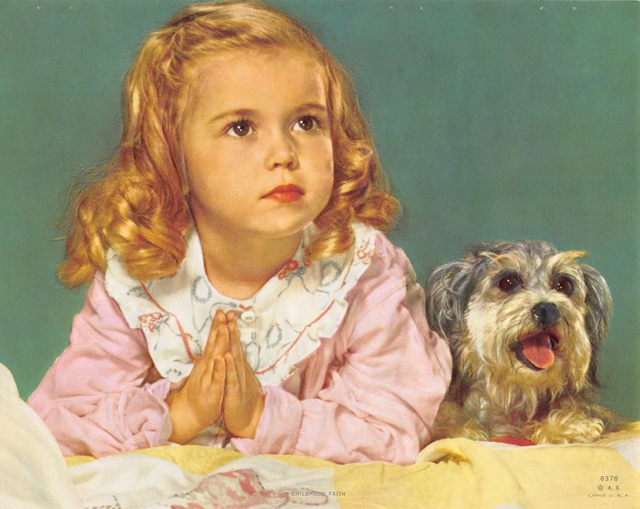 Little Girl & Her Cute Puppy Dog Night Prayers Vintage Embossed Litho Print 1940s