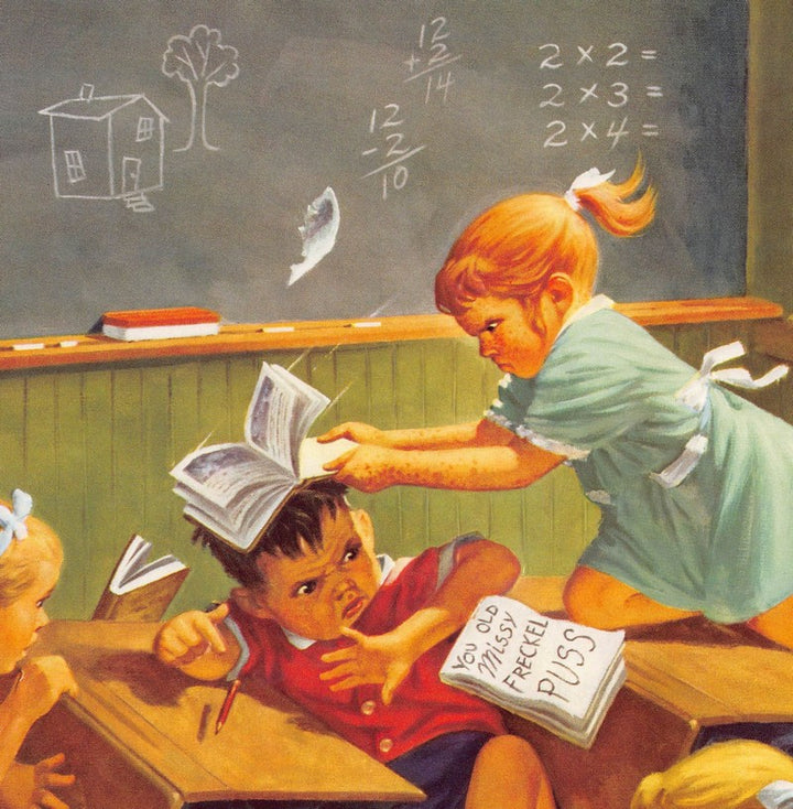 Bully Boy Girls School Fight Illustration Vintage Embossed Litho Print 1940s