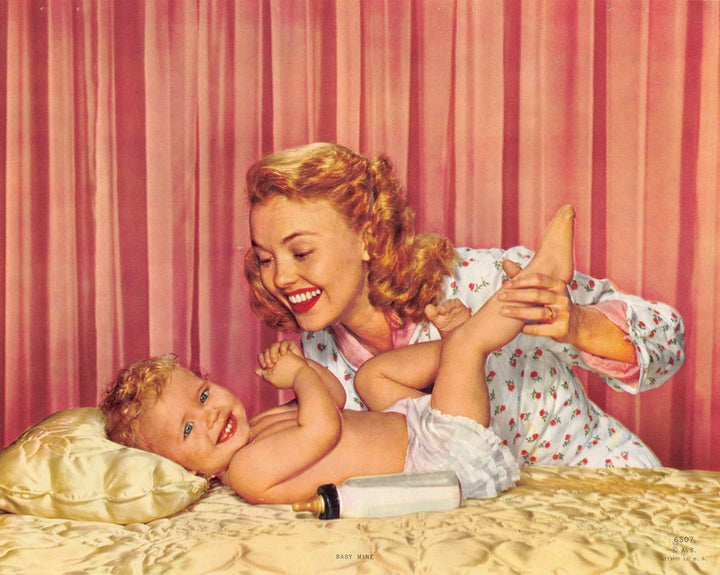 Sweet Mother and Baby Boy Bottle Time Vintage Embossed Litho Print 1940s