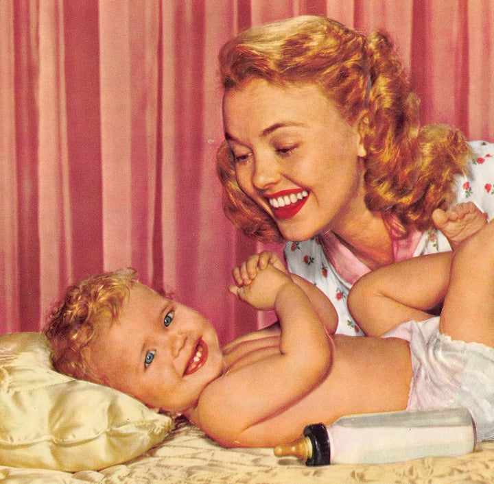 Sweet Mother and Baby Boy Bottle Time Vintage Embossed Litho Print 1940s