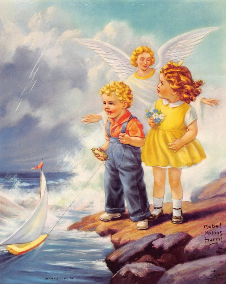 Children Guardian Angel Illustration Vintage Embossed Litho Print 1940s