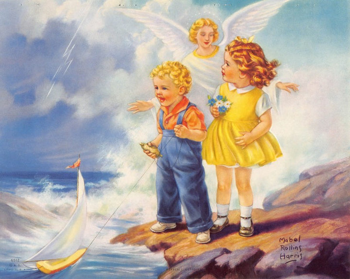 Children Guardian Angel Illustration Vintage Embossed Litho Print 1940s