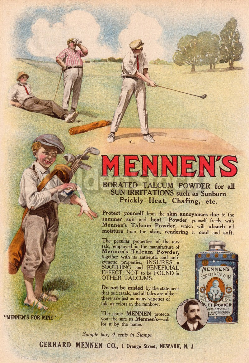 Mennen Talcum Sun Block Golfing Scene Antique Graphic Advertising Print 1912