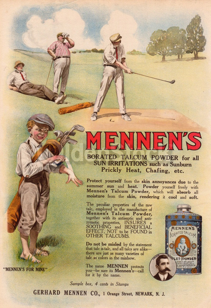 Mennen Talcum Sun Block Golfing Scene Antique Graphic Advertising Print 1912