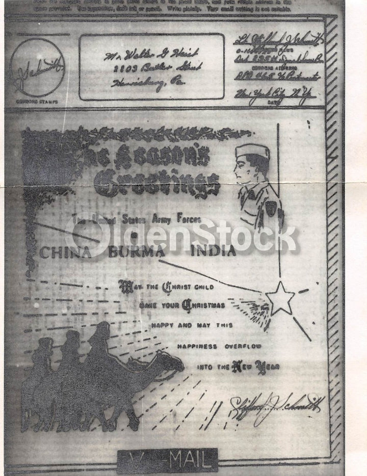 Christmas Greetings from China Burma India Vintage WWII Graphic V-Mail Letter