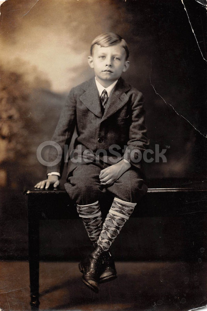 Sullen Little Boy in Suit with Great Socks Reading PA Antique Snapshot Photo