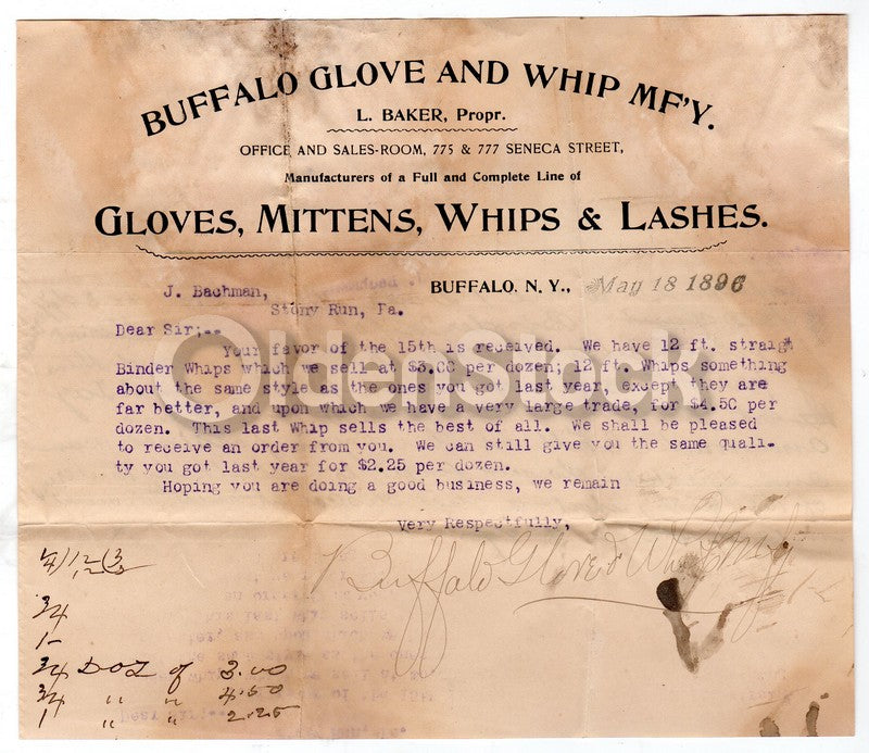 Buffalo New York Gloves Whips & Lashes Antique Leather Goods Advertising Letter