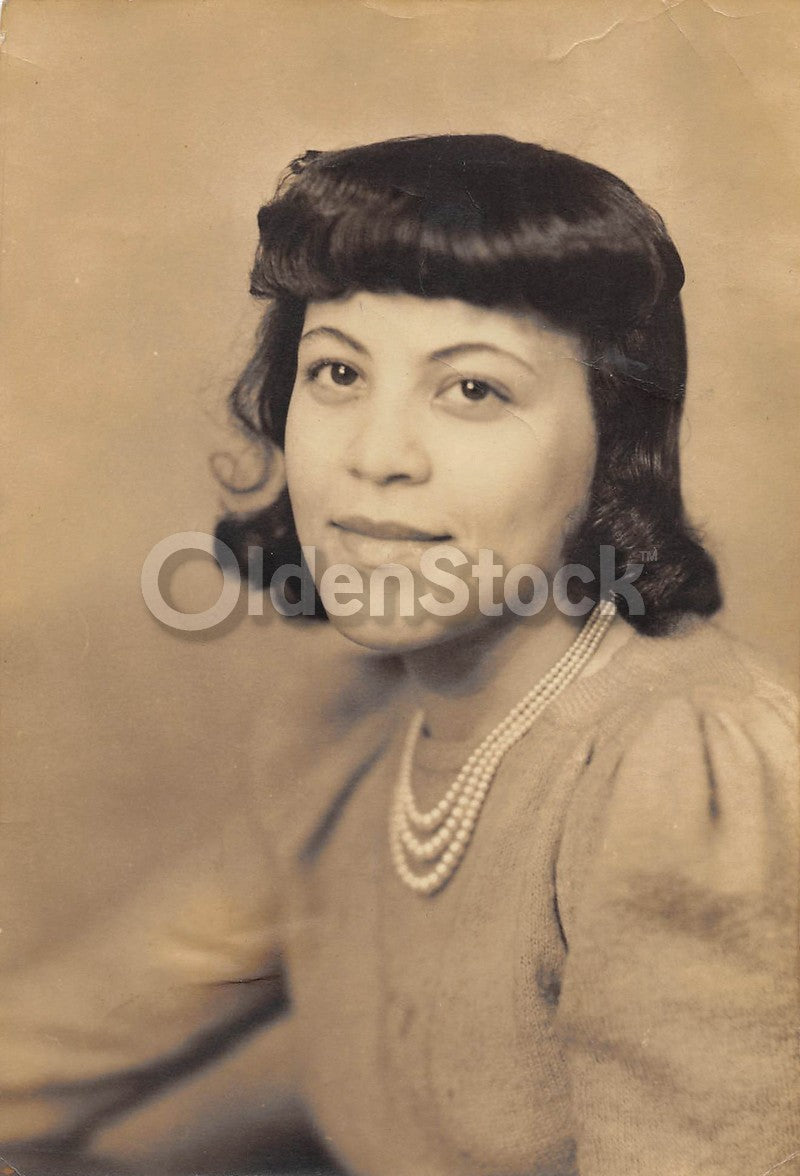 Lovely African American Woman Pearl Necklace Antique Snapshot Photo