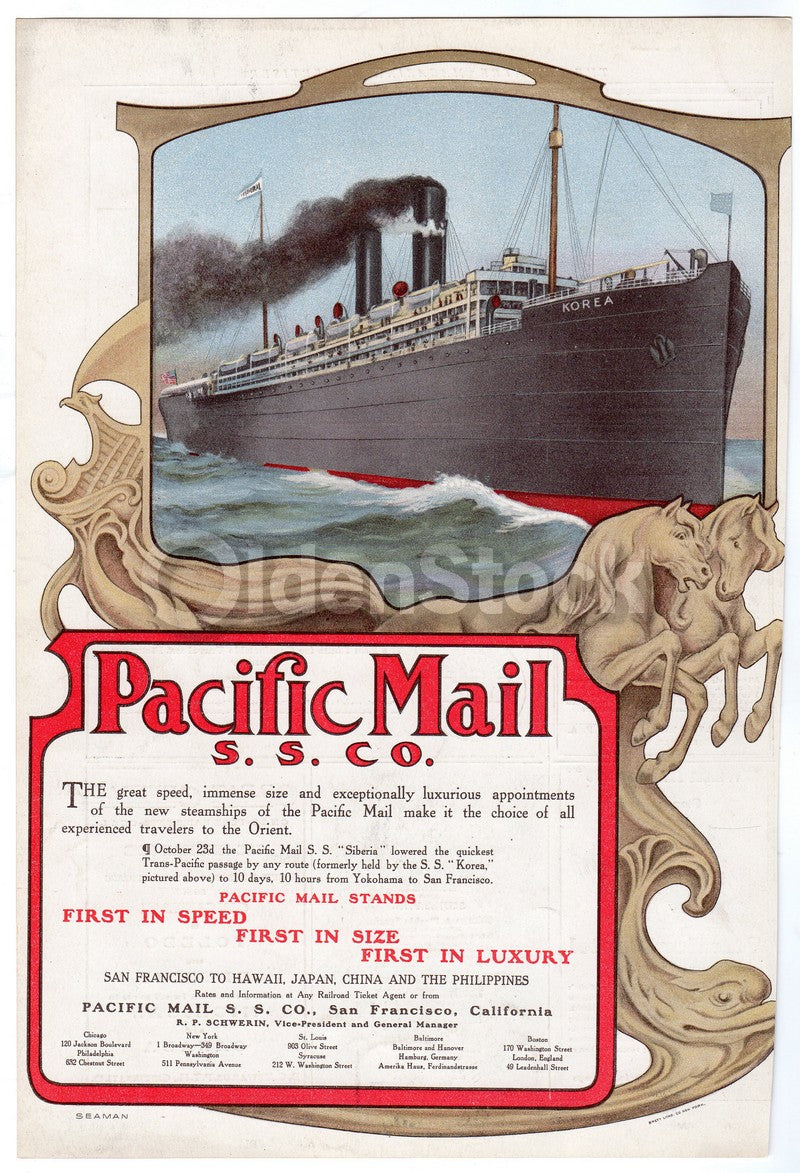 SS Korea Pacific Mail Company Antique Steamship Advertising Print 1909