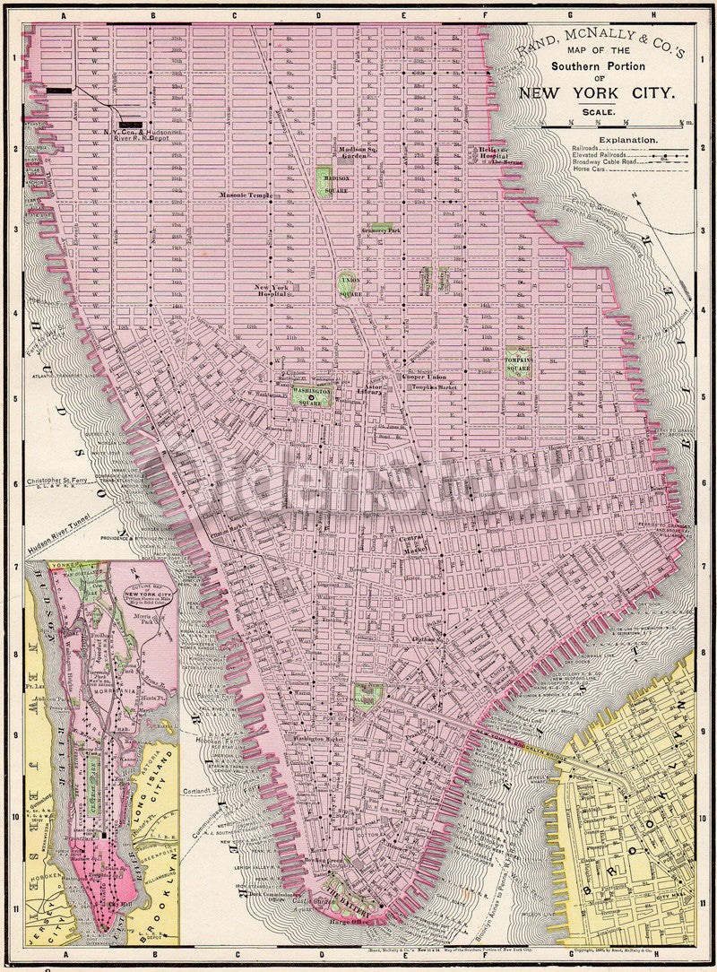 Manhattan & Brooklyn Antique Graphic Illustration Map Atlas Print 1898