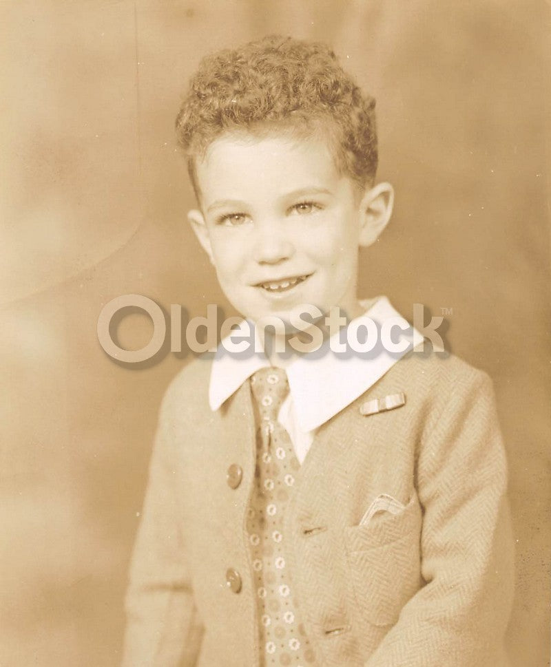 Darling Little Curly Hair Boy in Jacket & Tie Vintage Family Snapshot Photo