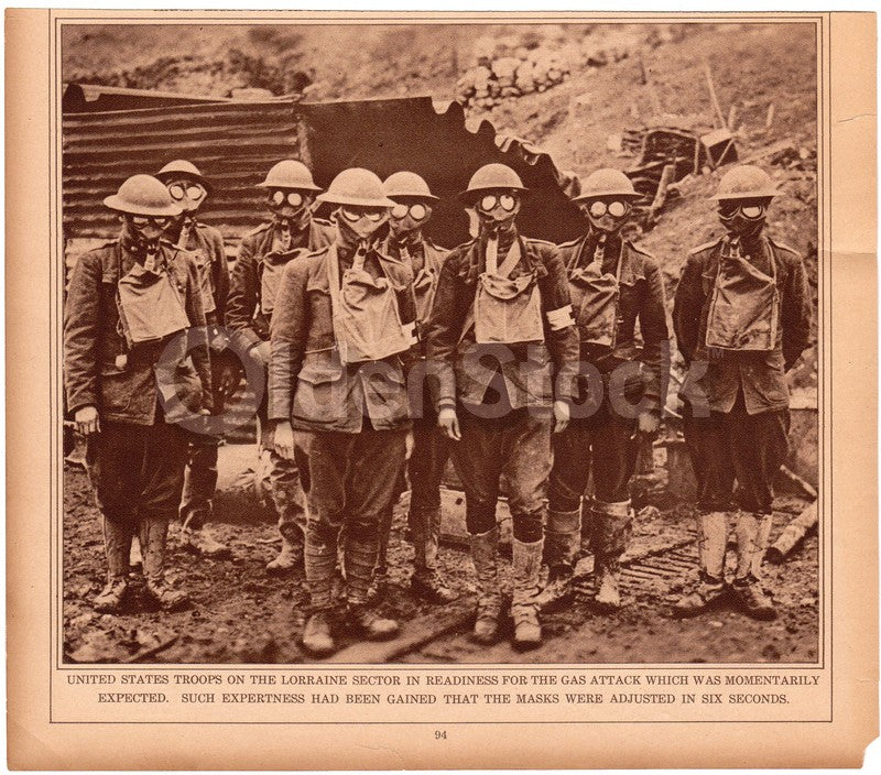 WWI American Troops in Gas Masks Antique News Photo Print