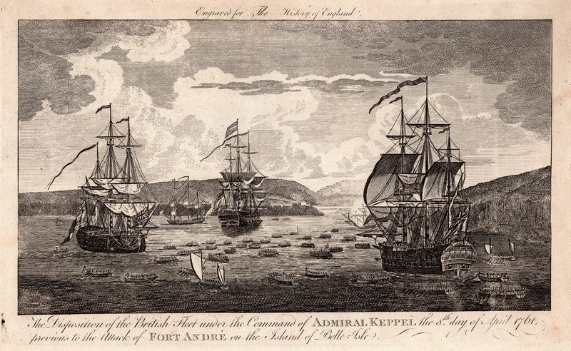 British Royal Navy Fleet Admiral Keppel's Attack on Fort Andre Engraving Print