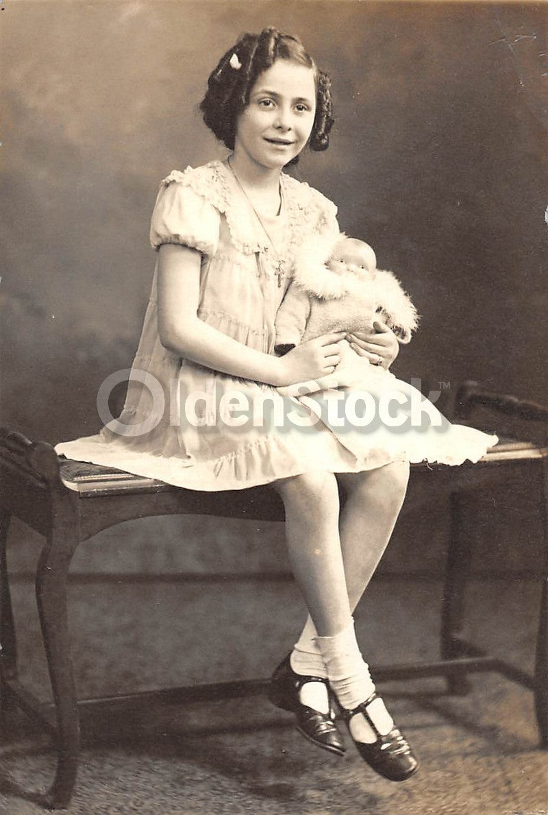 Sweet Young Girl and her Composition Baby Doll Vintage Snapshot Photo