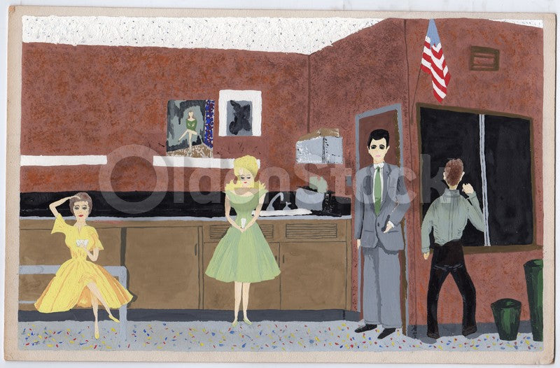 1950s School Principals Office Original Student Artwork Painting on Board
