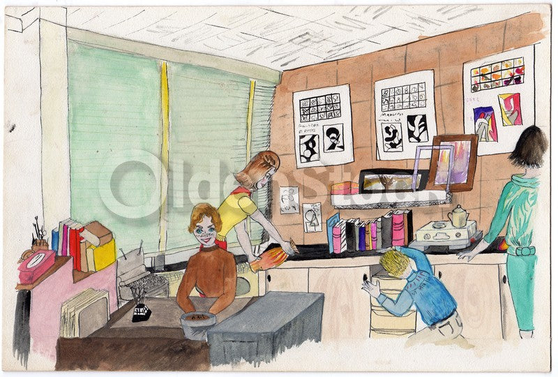 1950s Teachers Lounge Art School Original Student Artwork Painting