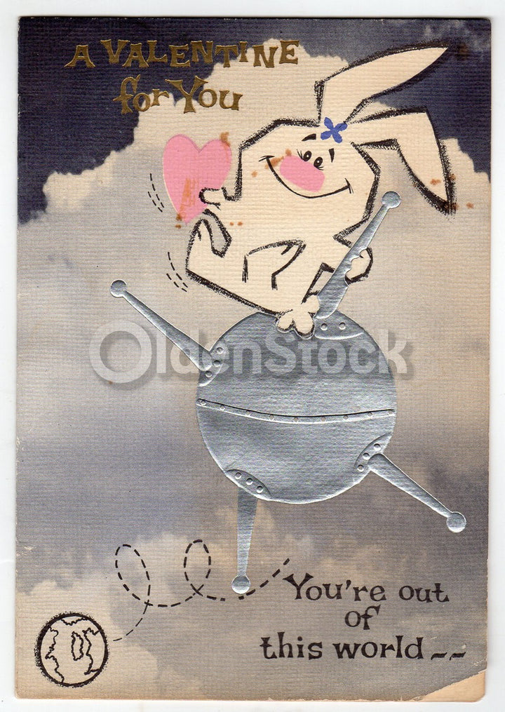 Sputnik Space Satellite Bunny Vintage Valentine's Day Greeting Card