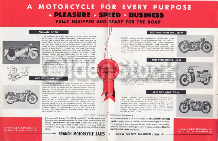 Branch Motorcycle Sales Los Angeles Moto Guzzi & Velocette Advertising Letter 1951
