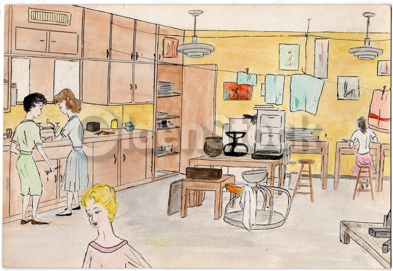 1950s Classroom Scene Art School Original Student Artwork Painting on Board