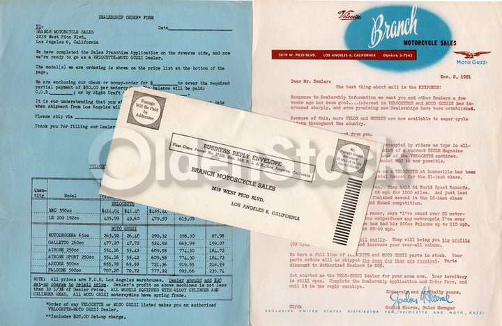 Branch Motorcycle Sales Los Angeles Moto Guzzi & Velocette Advertising Letter 1951