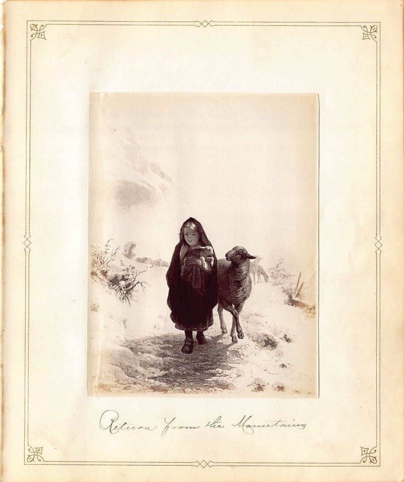 Little Girl and Lost Lamb Painting Antique Albumen Print Photo c.1900