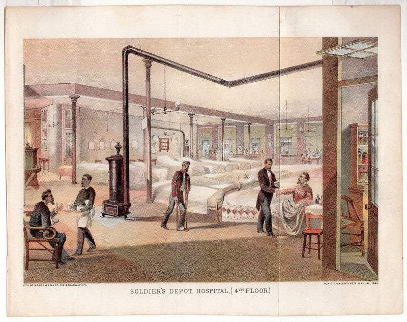 Civil War Soldier's Depot Hospital Antique Colored Engravign Illustration Print