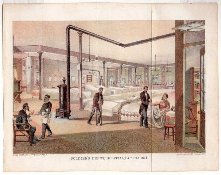 Civil War Soldier's Depot Hospital Antique Colored Engravign Illustration Print